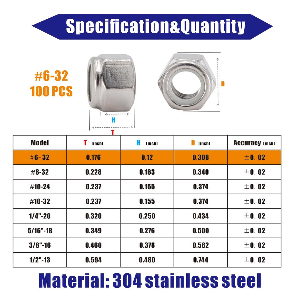 #6‑32 Lock Nut, 100Pcs 304 Stainless Steel Nylock Insert Locking Nuts