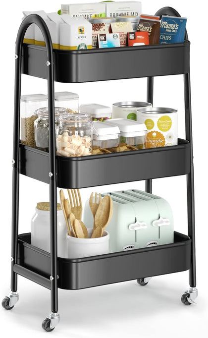 3 Tier Utility Rolling Cart, Metal Storage Cart with Handle and Lockable Wheels, Multifunctional Storage Organizer