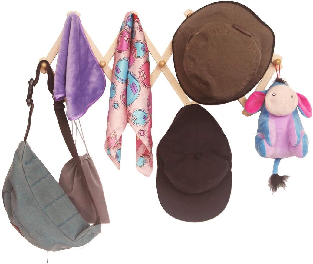 Accordion Style Expandable Wall Wooden Coat Rack 13 Hooks (Pegs) Hang Hats Jackets Coffee Mug Purses Necklaces Towels