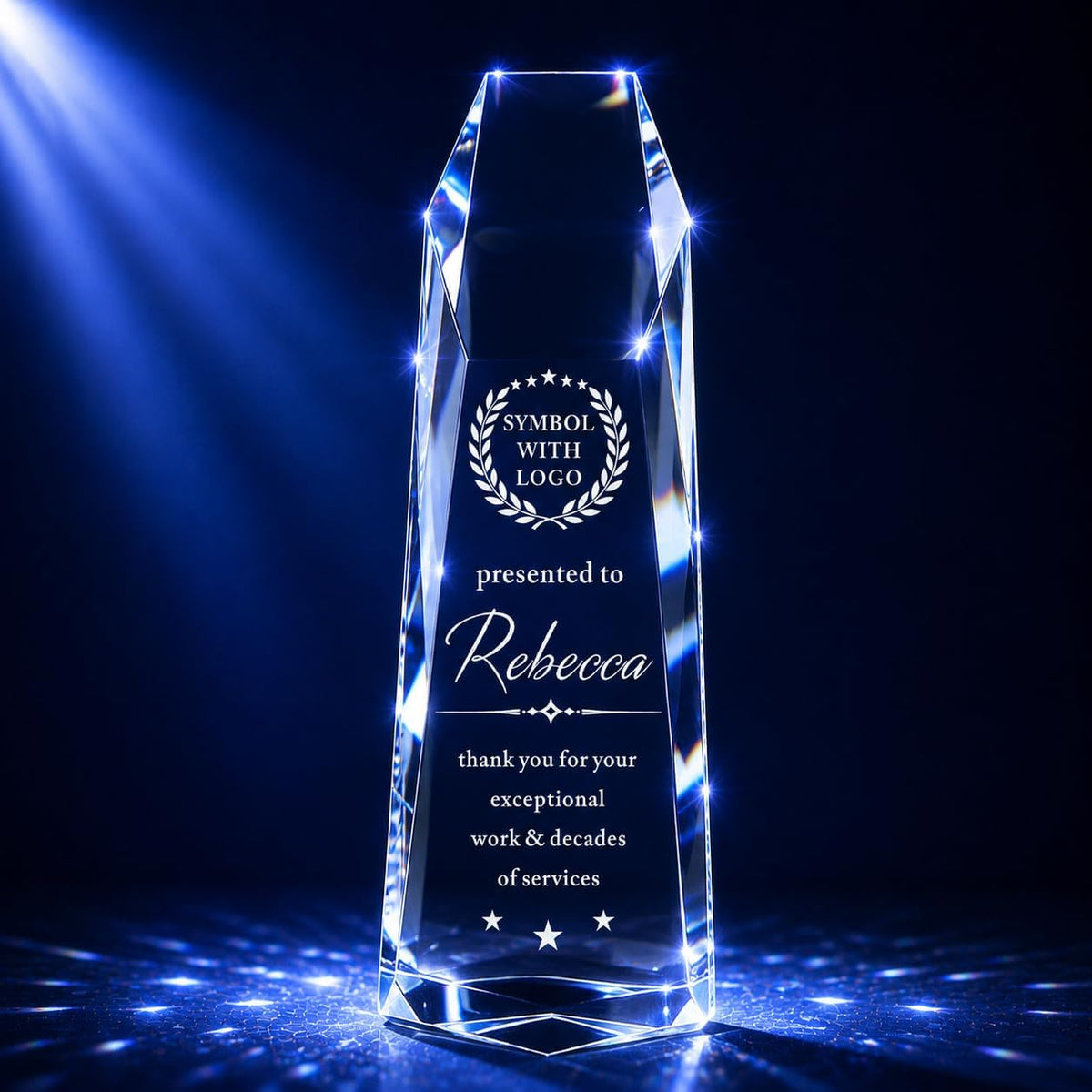 Customizable Crystal Award Trophy with Company Logo Text & Employee Name