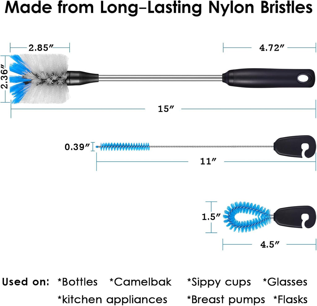 3-in-1 Stainless Steel Bottle Brush and Straw Cleaning Set, Long Handle Scrub Brush with Replaceable Head for Water
