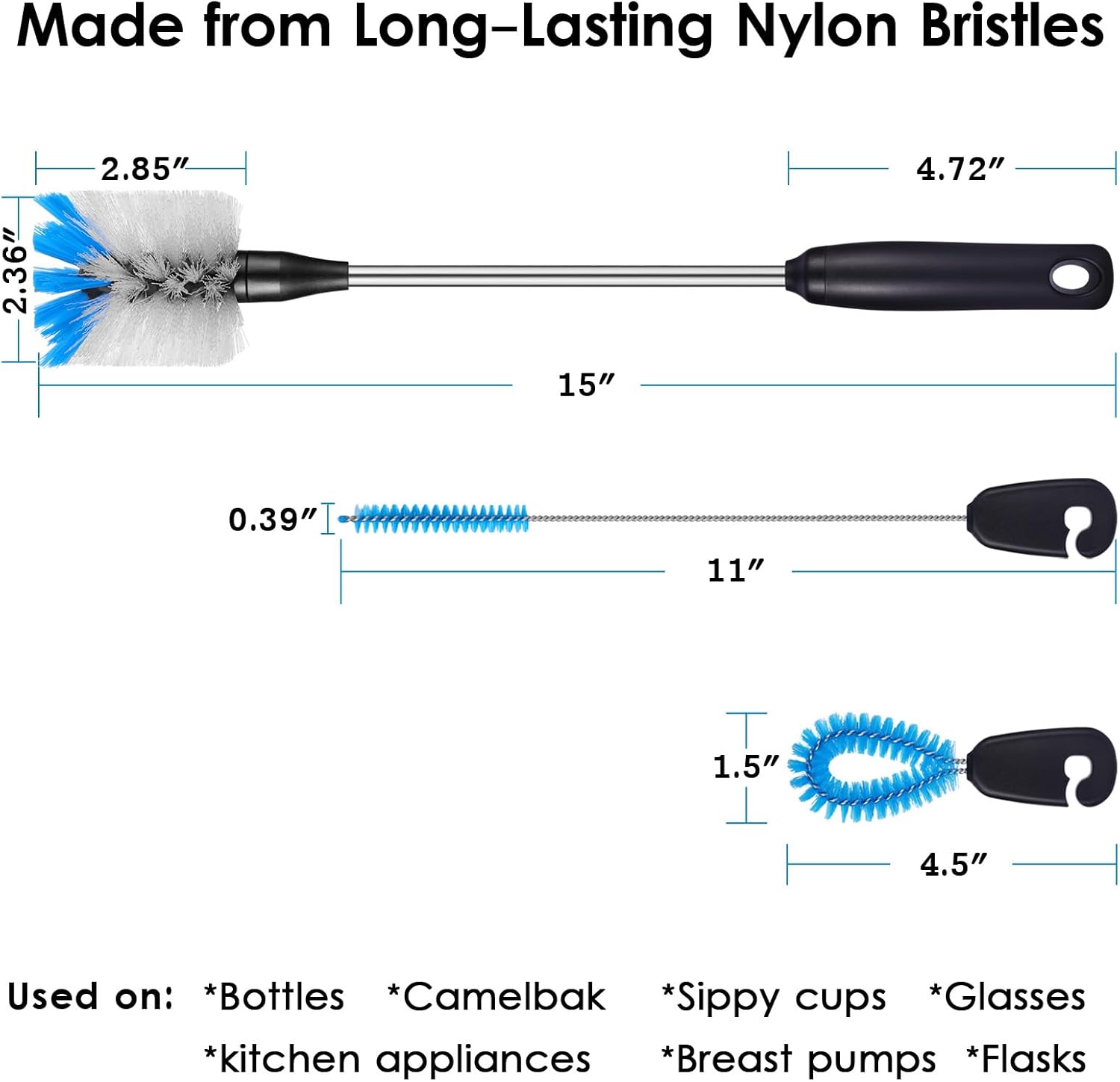 3-in-1 Stainless Steel Bottle Brush and Straw Cleaning Set, Long Handle Scrub Brush with Replaceable Head for Water