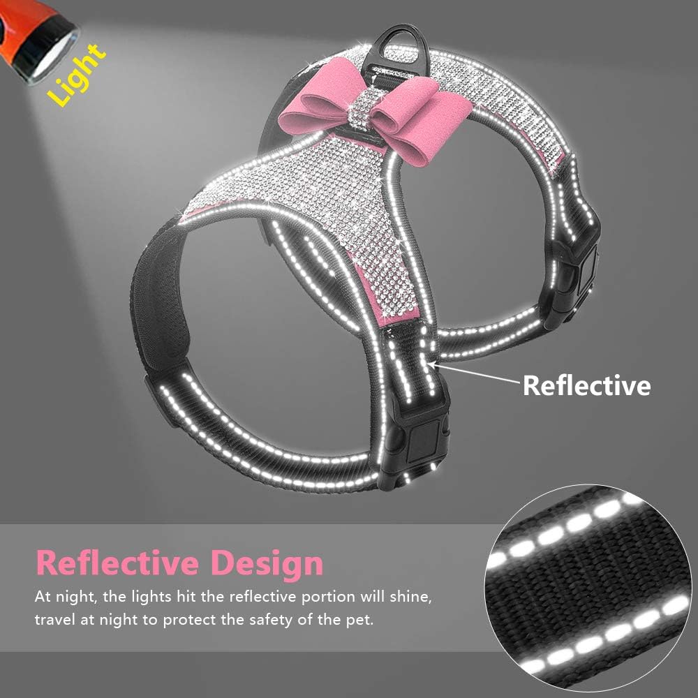 Rhinestone Dog Harness with Sparkly Bow Tie, Pink,S,Chest 11-14"