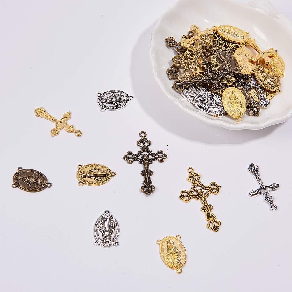 Tibetan Style Rosary Cross Charms and Center Miraculous Medal Easter Vintage Cross Crucifix Pendants Oval Chandelier