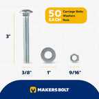 3/8" x 3" (50 Pack) Zinc Carriage Bolt Kit, Grade 307A