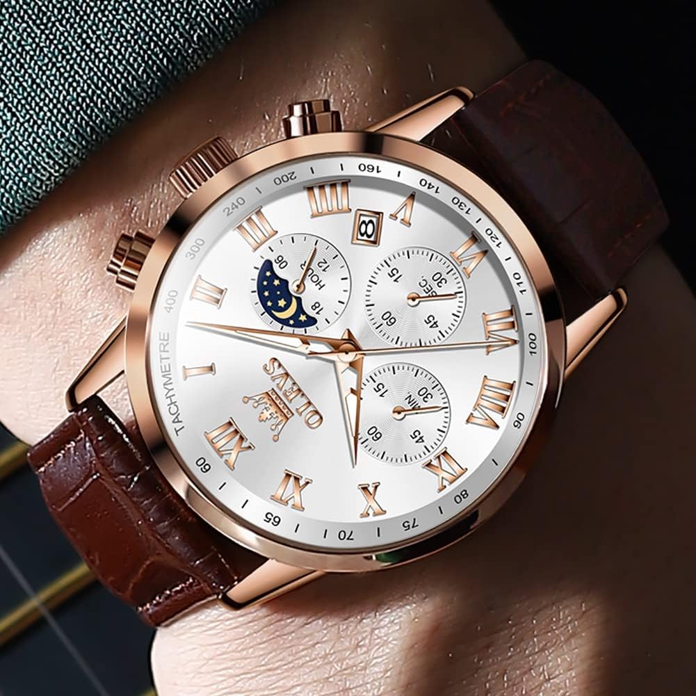Mens Watches Leather Chronograph Luxury Fashion Dress Analog Quartz Wrist Watch Luminous Waterproof Moon Phase Date