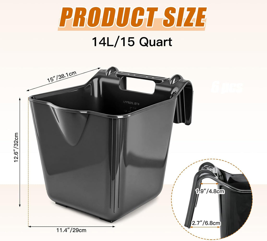 15 Qt Hook-Over Plastic Livestock Horse Feed Bucket, 6-Pack, Black