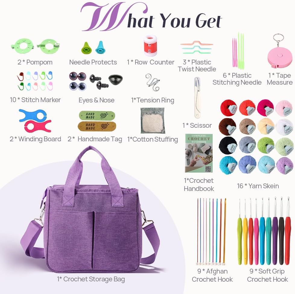 Crochet Kits for Beginner Adults, All Inclusive Crochet Set with 9 Size Crochet Hooks, Afghan Crochet Needles