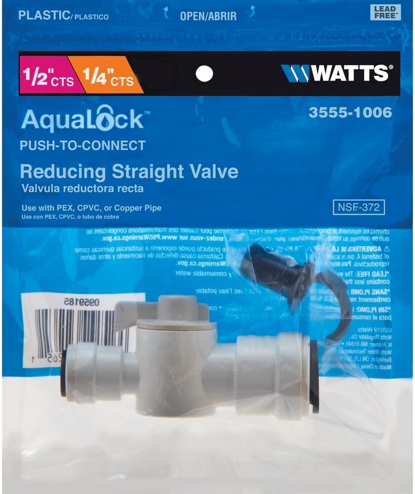 Watts AquaLock Push-Connect Straight Inline Valve, 1/2" x 1/4" CTS, White