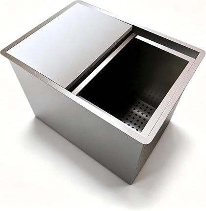 Drop In Ice Bin, Food Grade 304 Stainless Steel Commercial Ice Storage Bin with Sliding Cover & Drain Board, Embedded