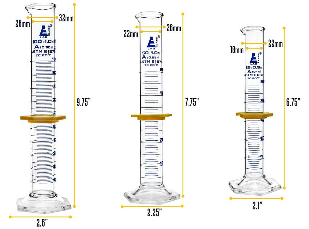 EISCO Premium Graduated Cylinder Set - 25mL, 50mL & 100mL - ASTM, Class A - Protective Collars, Hexagonal Base - Blue Graduations - Borosilicate 3.3 Glass