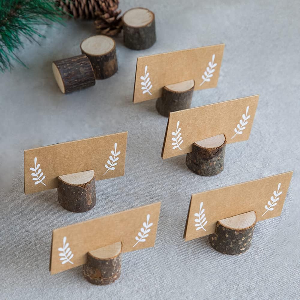 20Pcs Wood Place Card Holders and 24Pcs Kraft Table Place Cards, Rustic Table Number Holders, Food Labels, Name Card