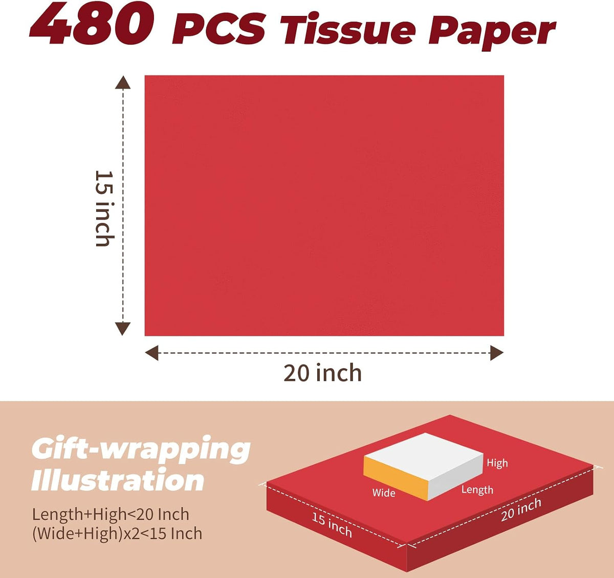Red Tissue Paper for Gift Bags, 480 Sheets 15x20 Red Wrapping