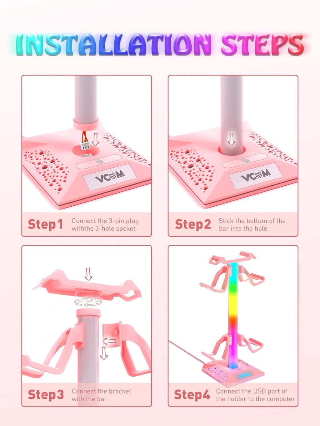 COM RGB Gaming Headphones Stand with 2 USB Ports, Pink Headset Stand with 10 Light Modes and Non-Slip Rubber