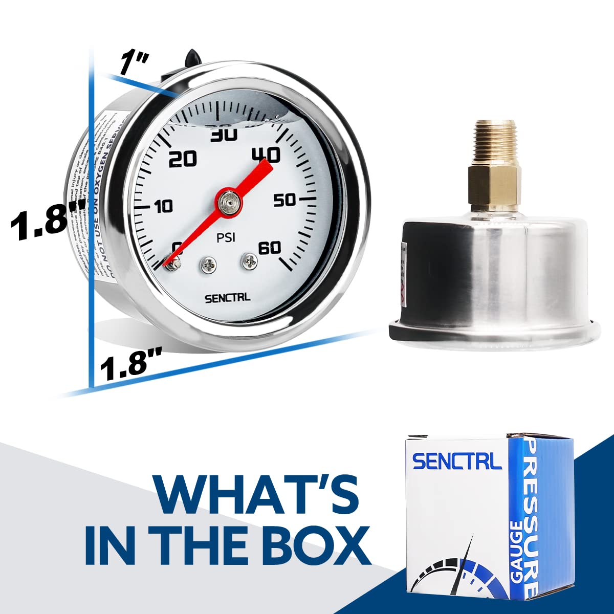 SENCTRL 0-60 Psi Fuel Pressure Gauge, 1/8" NPT Back Mount