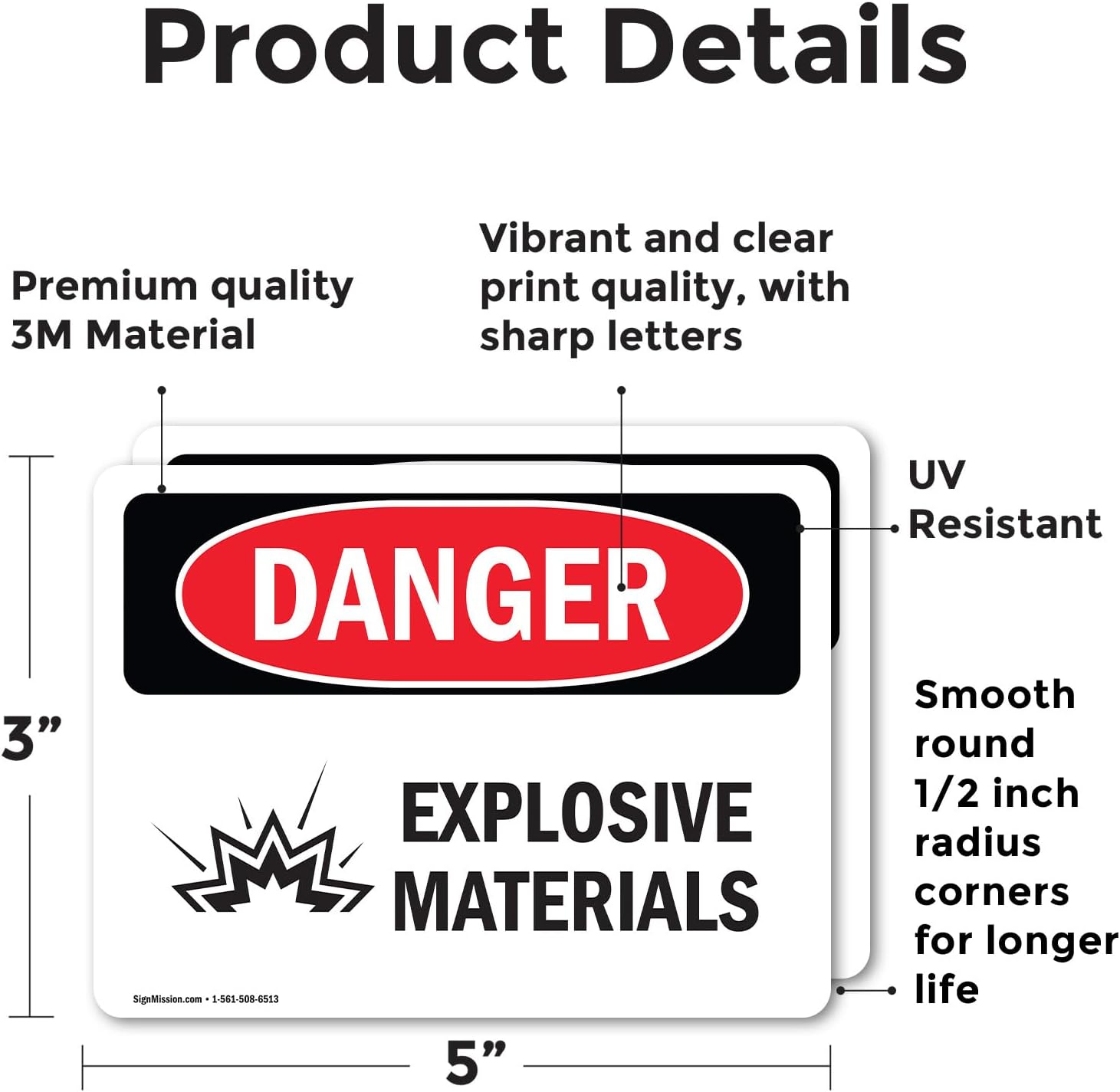 (2 Pack) Explosive Materials OSHA Danger Sign 5 Inch X 3.5 Inch Vinyl Label Decal Sticker Weather Resistant, UV