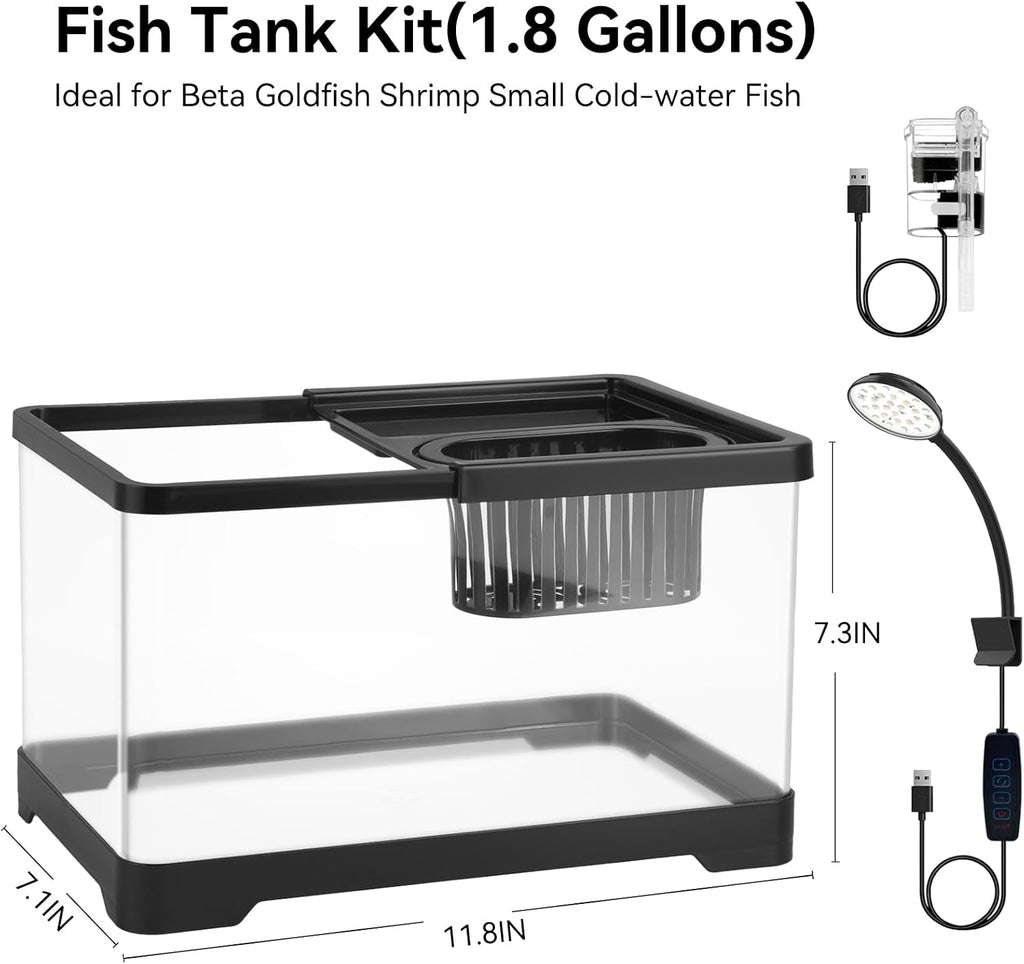 1.8 Gallon Beta Fish Tank Aquariums Kits - Clear Small Fish Bowl Starter Kit with LED Light, Water Filter Pump