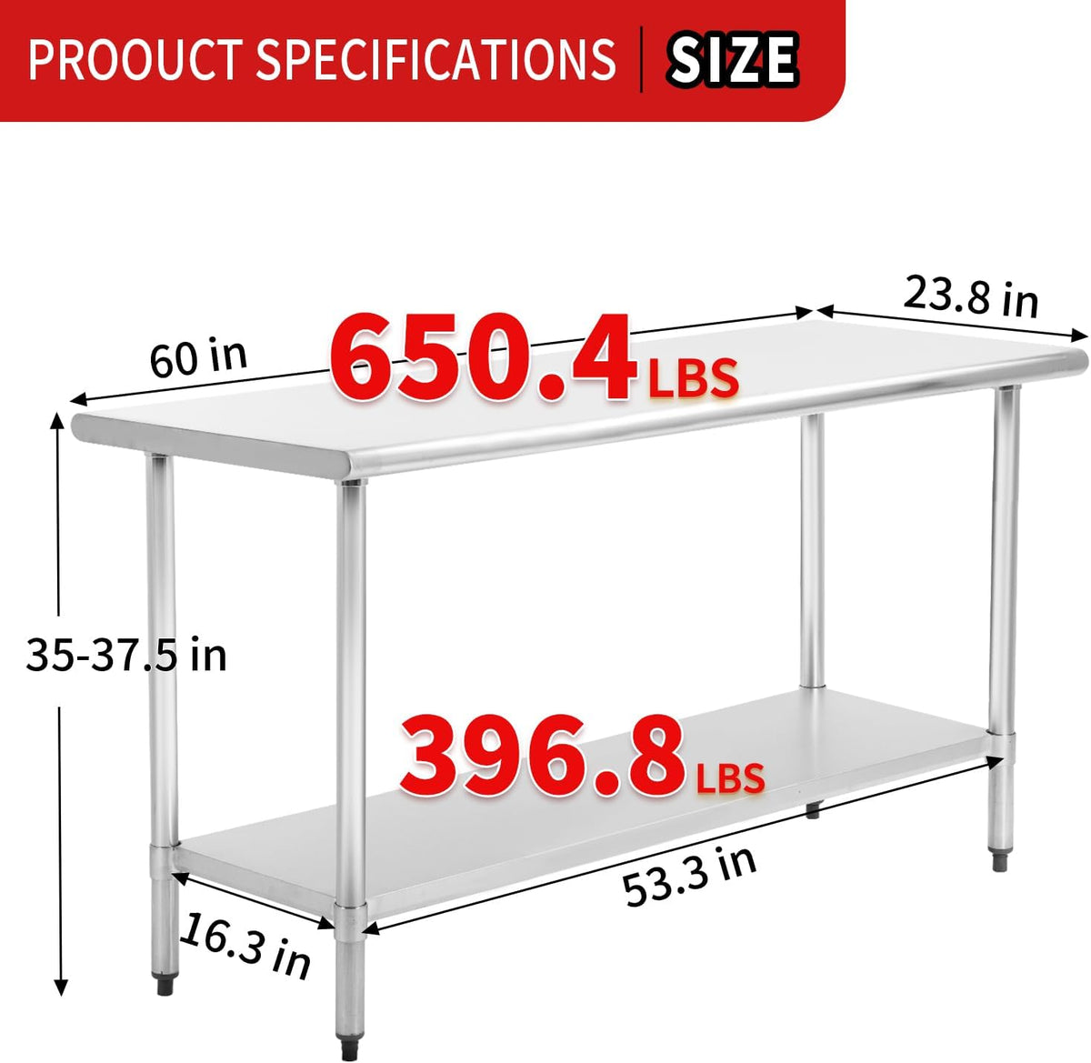 Stainless Steel Table for Prep & Work 24 x 60 Inches, Commercial Heavy Duty Table with Undershelf and Adjustable Legs