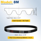 uxcell 800-8M-20 Timing Belt, 800mm Pitch Circumference x 20mm Width x 6mm Height, 8mm Pitch, 100 Teeth, Black Rubber Synchronous Belt