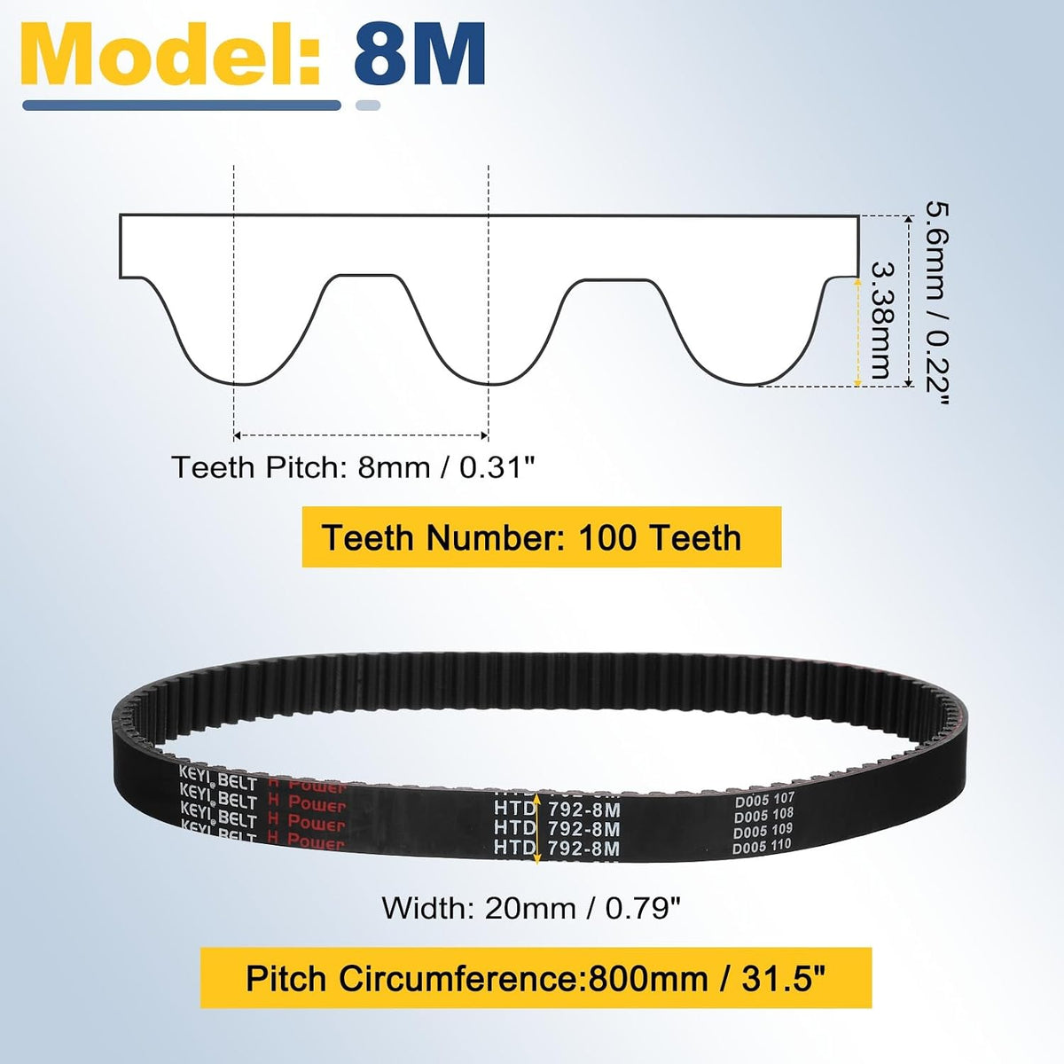 uxcell 800-8M-20 Timing Belt, 800mm Pitch Circumference x 20mm Width x 6mm Height, 8mm Pitch, 100 Teeth, Black Rubber Synchronous Belt