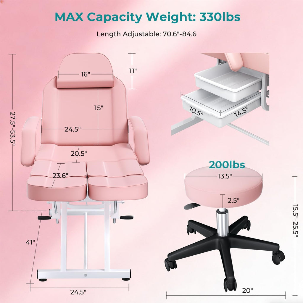 Pink Tattoo Chair for Client with Hydraulic Rolling Stool, Tattoo Client Chair Facial Bed Chairs for Esthetician