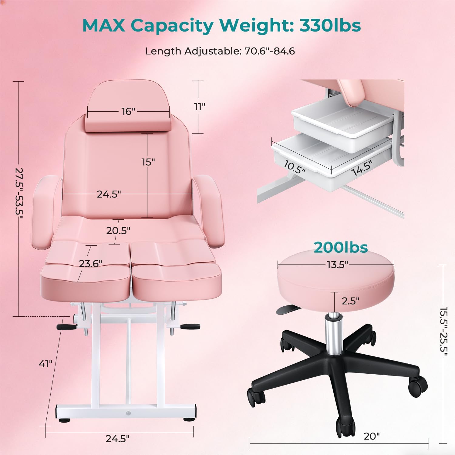 Pink Tattoo Chair for Client with Hydraulic Rolling Stool, Tattoo Client Chair Facial Bed Chairs for Esthetician