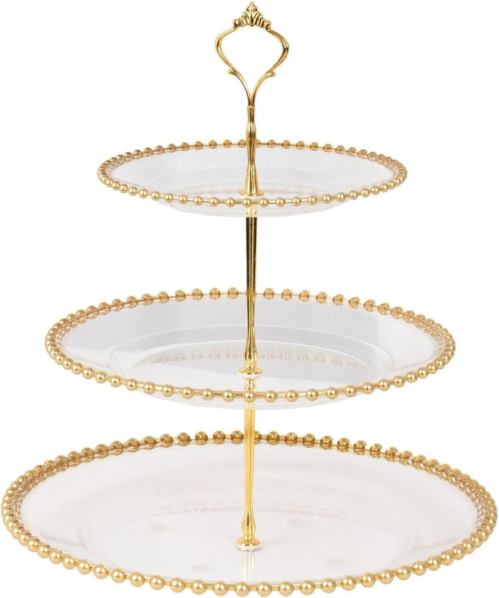 3-Tier Clear 14" Round Plastic Cupcake Tower Stand Gold Beaded Rim | Display Riser for Birthday Wedding Party Events