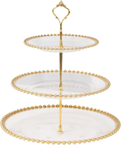 3-Tier Clear 14" Round Plastic Cupcake Tower Stand Gold Beaded Rim | Display Riser for Birthday Wedding Party Events