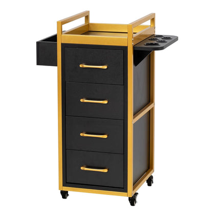 Beauty Salon Trolley Cart w/4 Drawer, 5 Tool Holders, Black & Gold | Lockable Salon Cabinet with 360° Wheels, Mobile