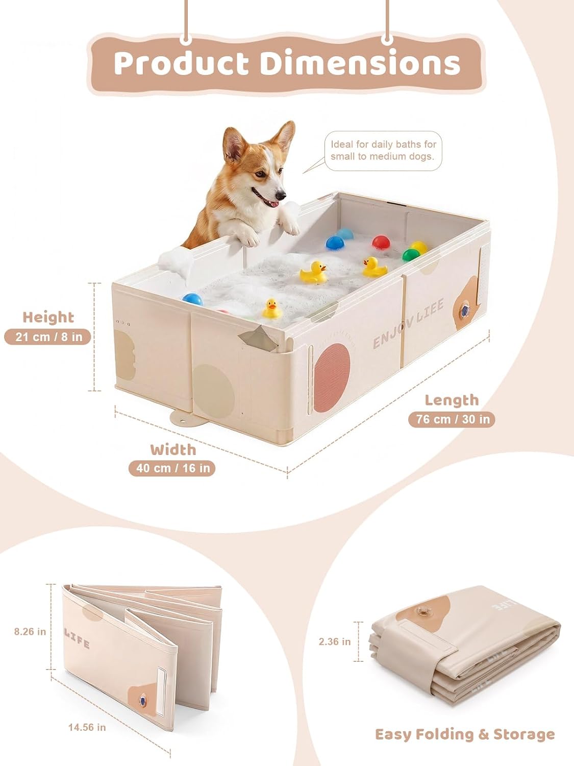 Collapsible Dog Bath Tub for Small Dogs & Cats, Portable Puppy Tub with Side Drain Outlet, Hanging Tab, Foldable