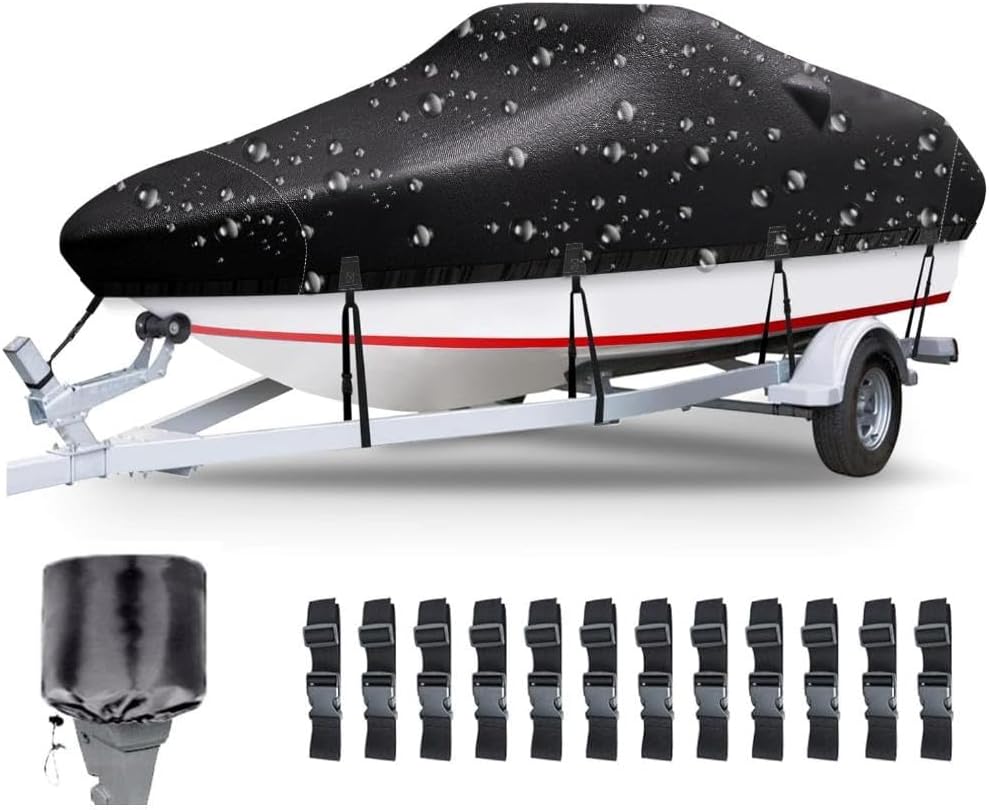 Boat Covers 16-18.5ft, Heavy Duty 800D PU Waterproof Trailerable Marine Grade Polyester Canvas, UV Resistant Bass
