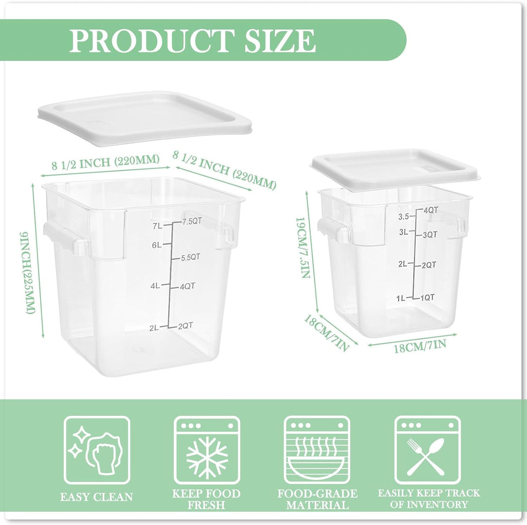 4 Pcs 8qt & 4qt Clear Food Storage Containers with Lids Handles and Scales, Stackable Plastic Square Food Storage