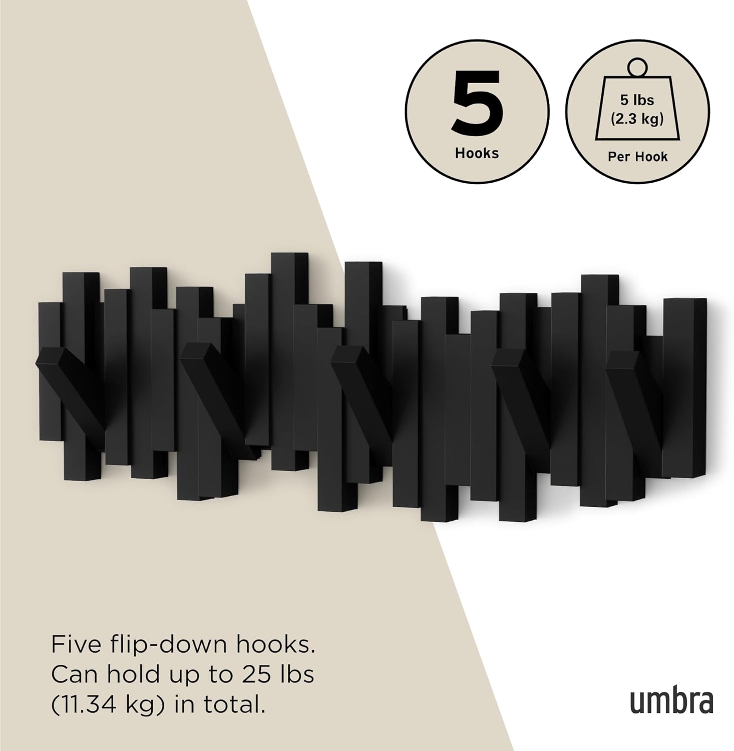 Sticks Wall-Mounted Coat Rack Rail Hook with 5 Retractable Pegs – Modern, Space-Saving Storage Organizer, Black