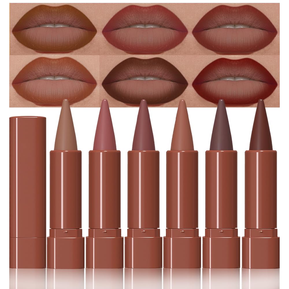 6Pcs Warm Red Brown Nude Maroon Dark Wine Gradient Matte Lipstick Lip Liner Crayon Combo Pencil Set for Women
