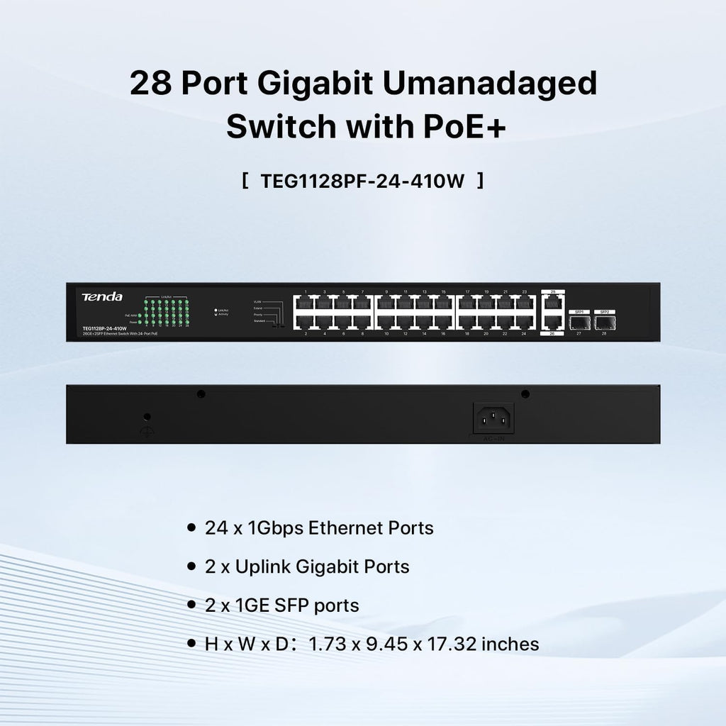 28 Port Gigabit PoE Switch | Rackmount PoE Ethernet Switch | 24*PoE+ Port & 2*Gigabit Uplink & 2*SFP Slot | Up to