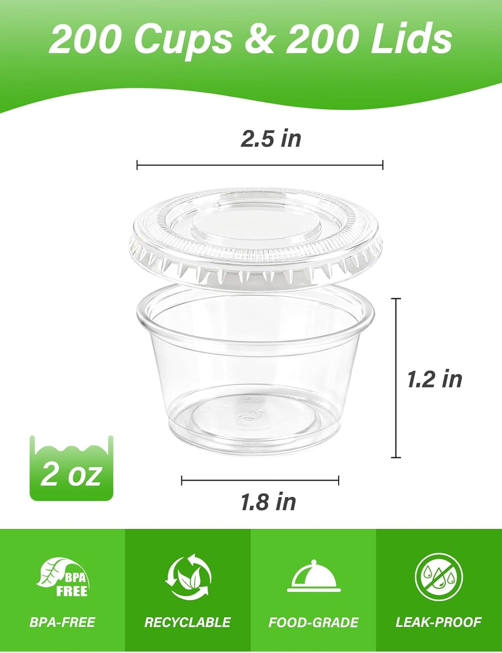200 Sets 2 oz Portion Cups with Lids, Condiment Cups | BPA-free plastic cups with secure lids, ideal for sauces