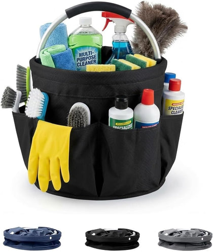 Foldable Cleaning Caddy with Handle 17L Large Cleaning Supplies Organizer 600D Oxford Portable Bucket Basket with 6
