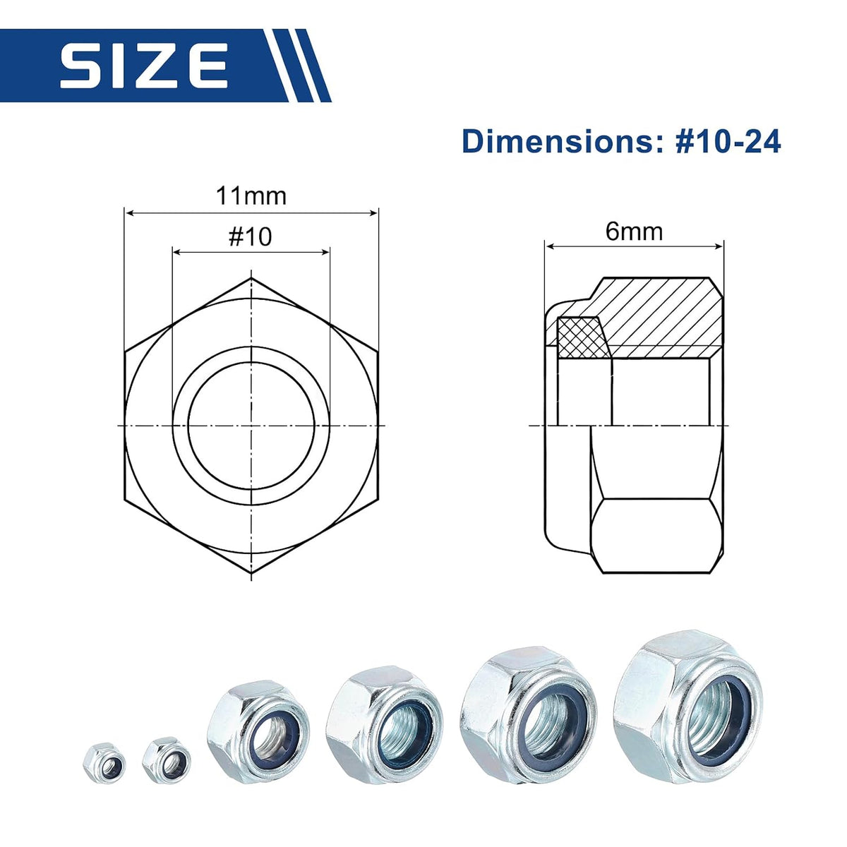 100Pcs #10-24 Nylon Locking Hex Nuts CarbonSteel BlueWhite