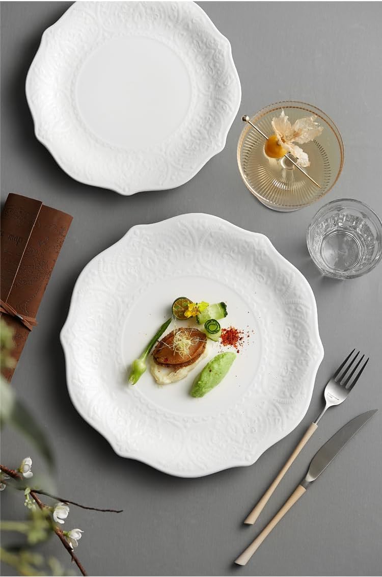 Set of 6 Salad Plate, 8 Inch Porcelain Dessert Serving Plates, Embossed Printing Small Dinner Dish for Pancakes