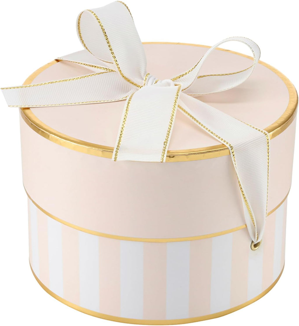 Gift Wrap Co. Nested Gift Box 2-Piece Set Round Designer Boxes with Lids, Large and Small, Pink Stripes