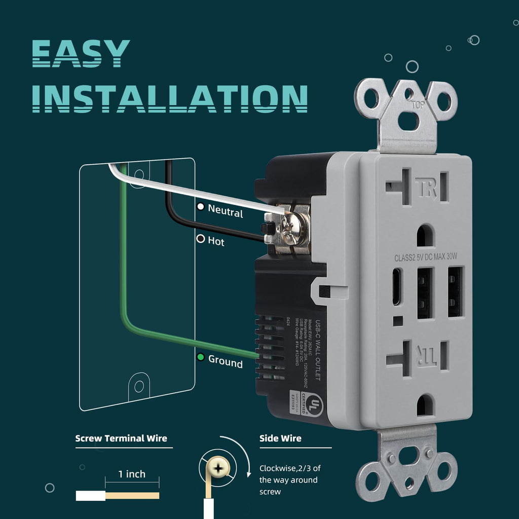 TOPELER USB Receptacle Outlet, 6.0A/30W USB Wall Socket with Type C/A, Grey