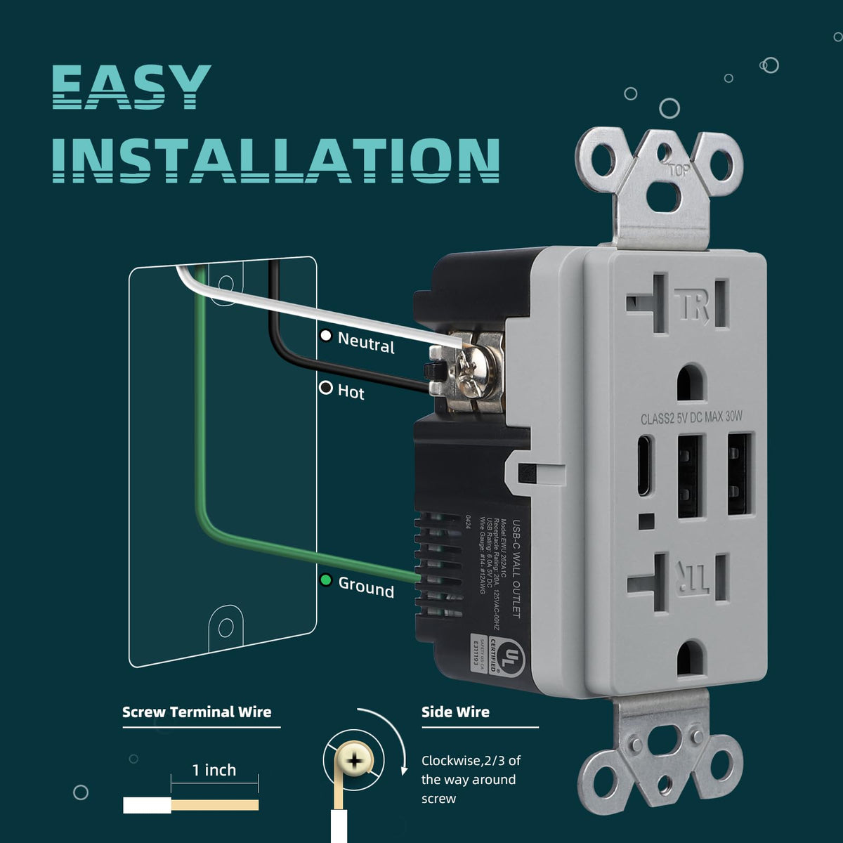 TOPELER USB Receptacle Outlet, 6.0A/30W USB Wall Socket with Type C/A, Grey