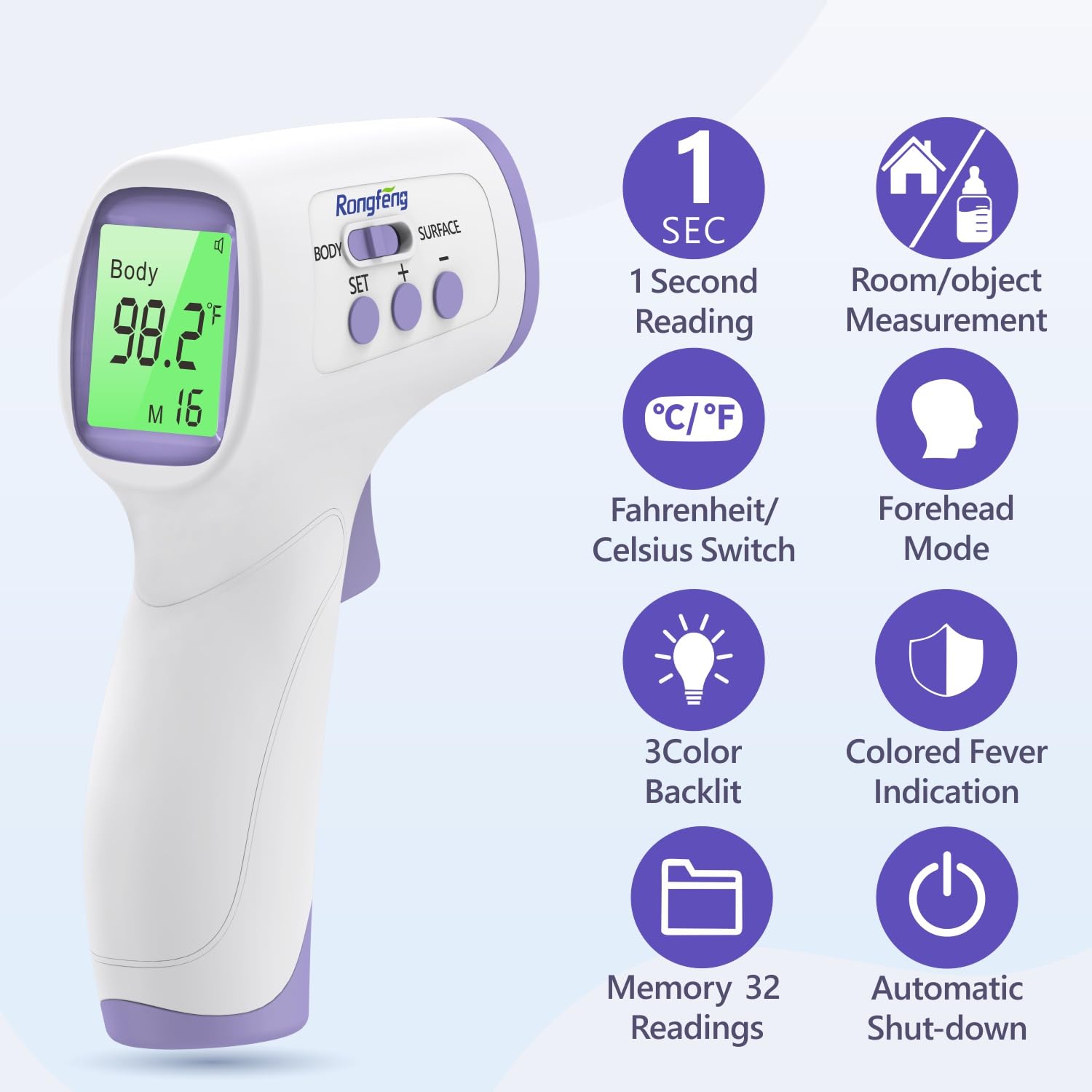 No-Touch Forehead Thermometer for Adults and Kids, Digital Thermometers with Fever Alarm, 3 Backlit and 32 Memories