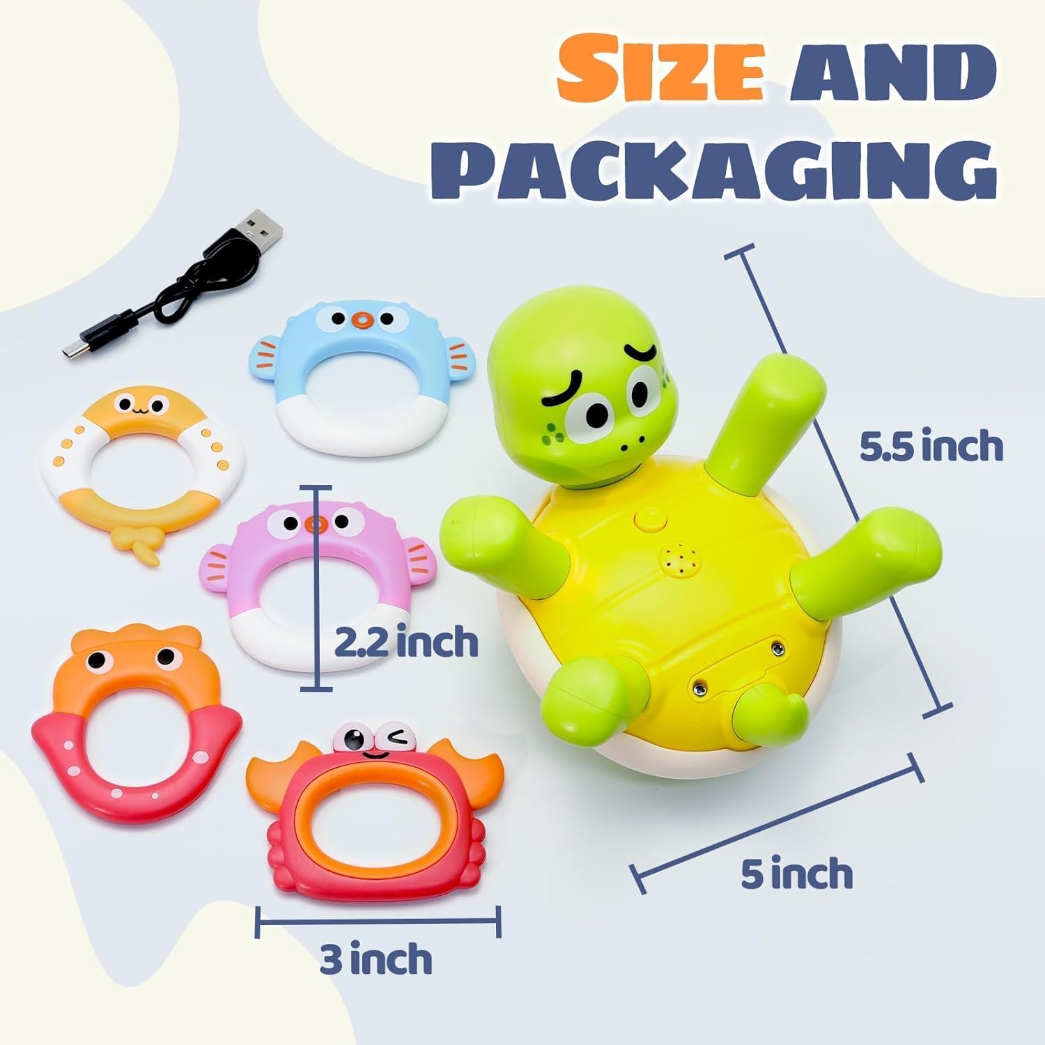 Baby Bath Toys, Rechargeable Turtle Bath Toy Sprinkler for Toddler with 5 Rings, Bathtub Fountain Spray Toy,Pool