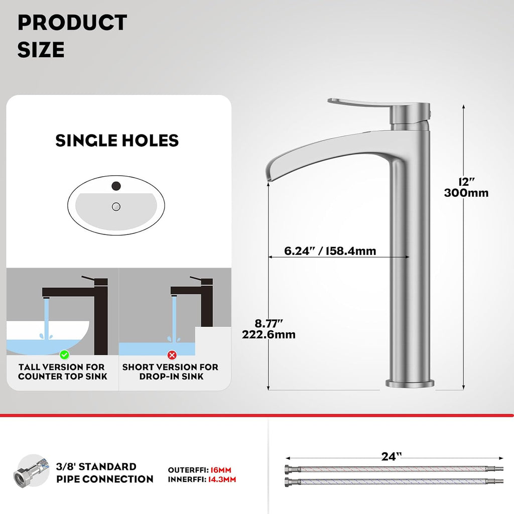 Brushed Nickel Tall Bathroom Vessel Sink Faucet, Single Hole Single Handle Waterfall Modern Above Countertop Sink