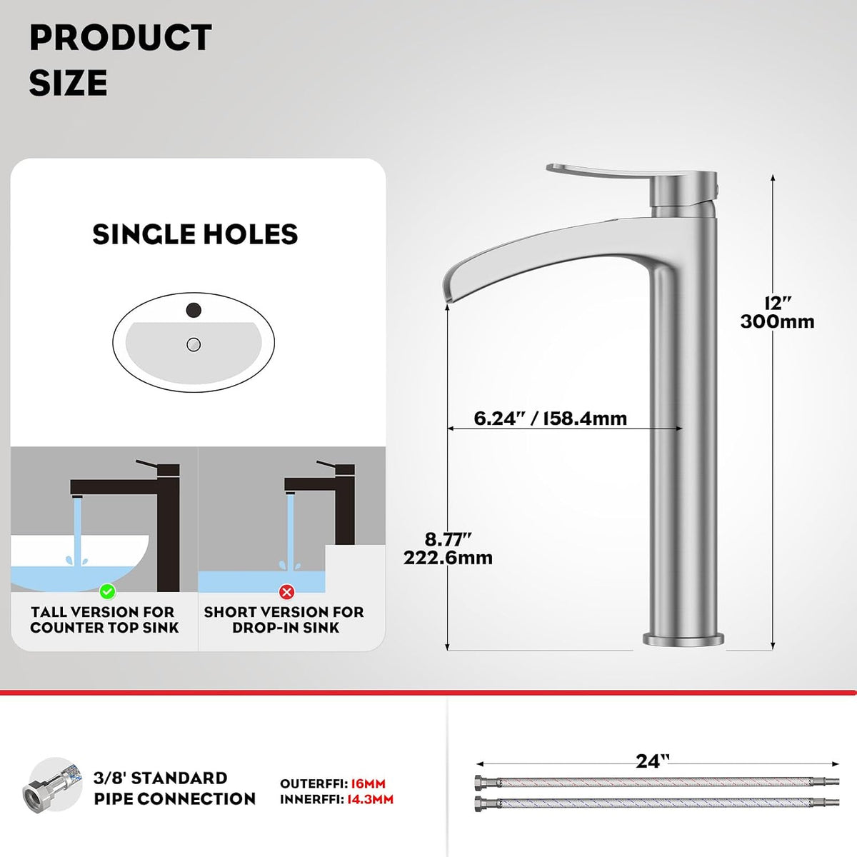 Brushed Nickel Tall Bathroom Vessel Sink Faucet, Single Hole Single Handle Waterfall Modern Above Countertop Sink