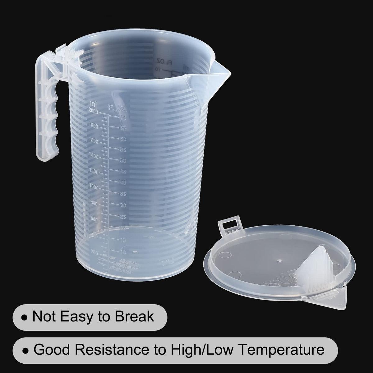 Graduated Beaker, 2 Pack 2000ml PP Plastic Liquid Measuring Cup Double Sided Black Graduations with Handle Lid and