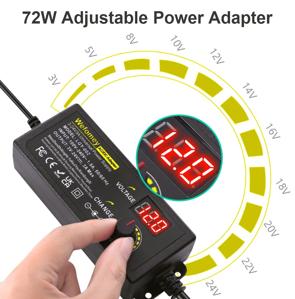 Wefomey 3V-24V 3A Universal Power Supply 72W Adjustable 2-Pin AC/DC Adapter
