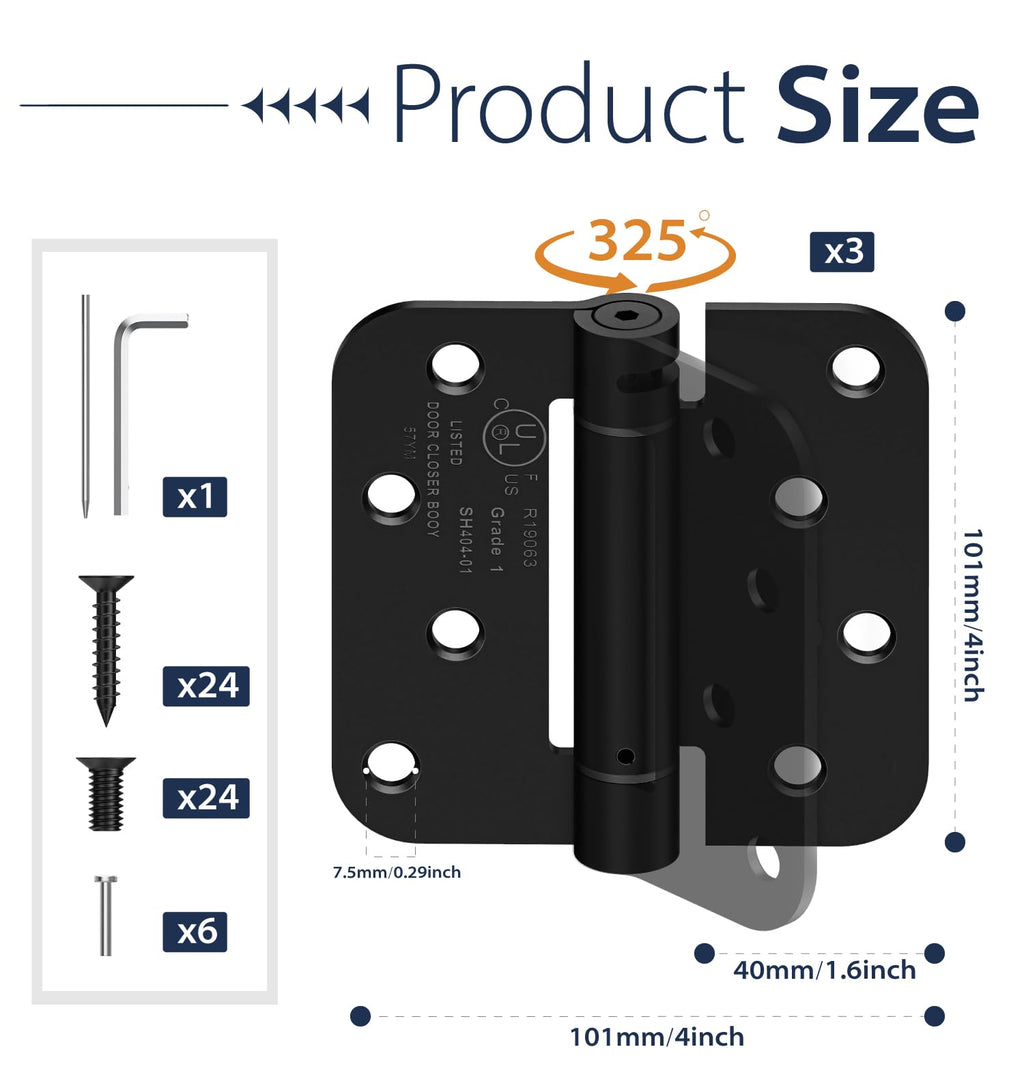 3-Pack 4 Inch Self Closing Door Hinges,5/8" Radius Corners,Black