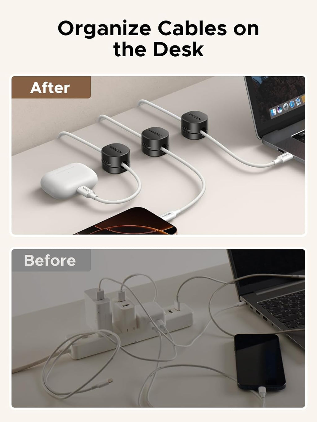 Cable Organizer Clips, Adhesive Cable Management - 6-Pack Strong Magnetic Cord Holder for Desk to Keep Phone Charging